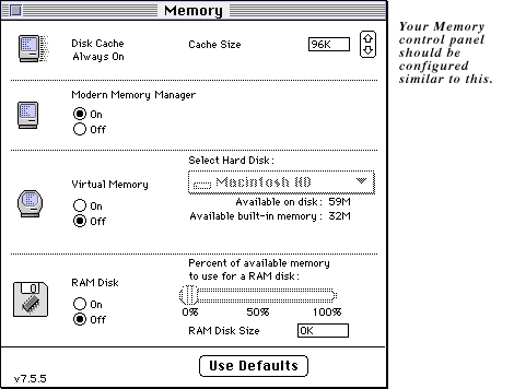 Screen shot of the Memory Control Panel